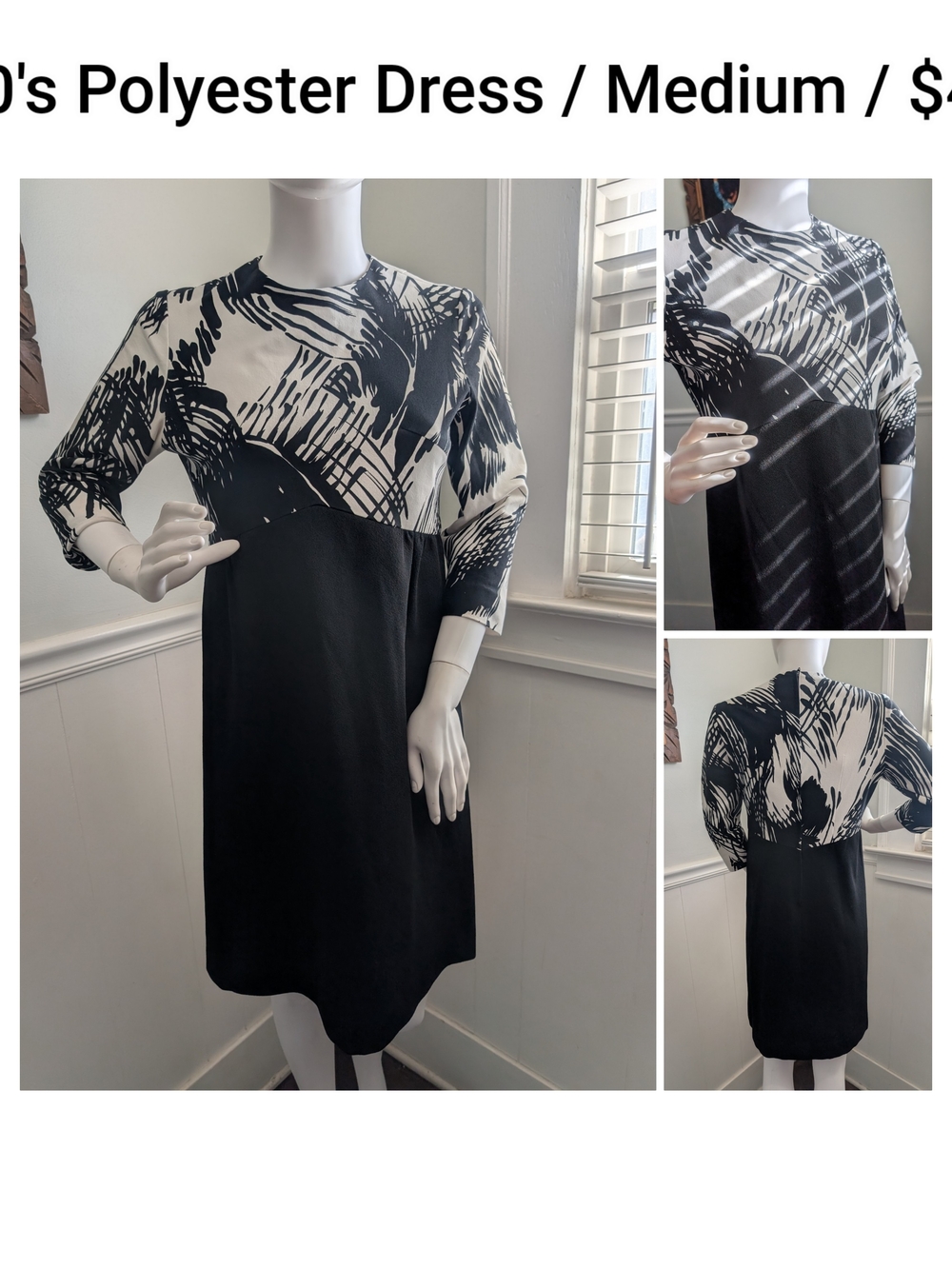 Vintage Black & White Patterned Shift Dress - Brand Unspecified
